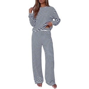 BTFBM Striped Lounge Set Sweatsuits Women 2 Piece Outfit | Womens Pajama Sets,Crew Neck,Wide Leg,Airport Vacation Outfits,Fall Winter Clothes(White Navy)