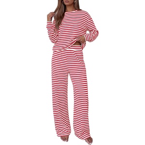 BTFBM Striped Lounge Set Sweatsuits Women 2 Piece Outfit | Womens Pajama Sets,Crew Neck,Wide Leg,Airport Vacation Outfits,Fall Winter Clothes(White Red)