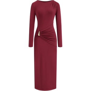BTFBM Womens Long Sleeve Ruched Slit Maxi Wedding Guest Dress | Boat Neck, Bodycon, Semi Formal Dresses For Women Cocktail, Party, Homecoming, Date Night, Christmas, Holiday, Winter Outfits(Burgundy)