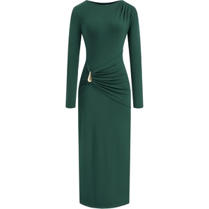 BTFBM Womens Long Sleeve Ruched Slit Maxi Wedding Guest Dress | Boat Neck, Bodycon, Semi Formal Dresses For Women Cocktail, Party, Homecoming, Date Night, Christmas, Holiday, Winter Outfits(Green)