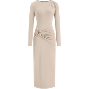 BTFBM Womens Long Sleeve Ruched Slit Maxi Wedding Guest Dress | Boat Neck, Bodycon, Semi Formal Dresses For Women Cocktail, Party, Homecoming, Date Night, Christmas, Holiday, Winter Outfits(Beige)