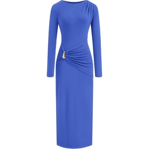 BTFBM Womens Long Sleeve Ruched Slit Maxi Wedding Guest Dress | Boat Neck, Bodycon, Semi Formal Dresses For Women Cocktail, Party, Homecoming, Date Night, Christmas, Holiday, Winter Outfits(Blue)
