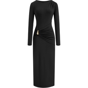 BTFBM Womens Long Sleeve Ruched Slit Maxi Wedding Guest Dress | Boat Neck, Bodycon, Semi Formal Dresses For Women Cocktail, Party, Homecoming, Date Night, Christmas, Holiday, Winter Outfits(Black)