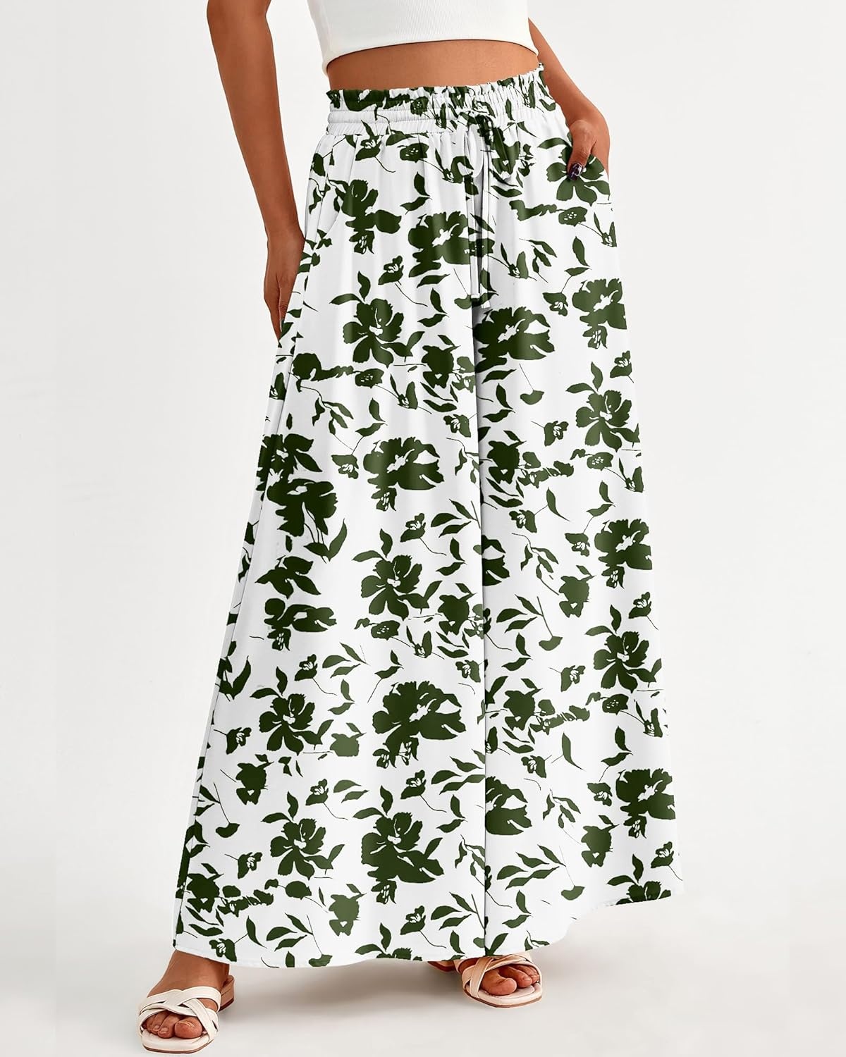 image:imageBTFBM Wide Leg Palazzo Pants for Women 2026 Summer Spring Casual High Waisted Flowy Trousers Boho Beach Vacation OutfitsPrint Army Green