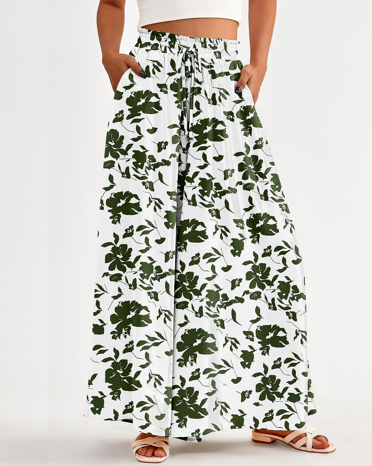 image:imageBTFBM Wide Leg Palazzo Pants for Women 2026 Summer Spring Casual High Waisted Flowy Trousers Boho Beach Vacation OutfitsPrint Army Green