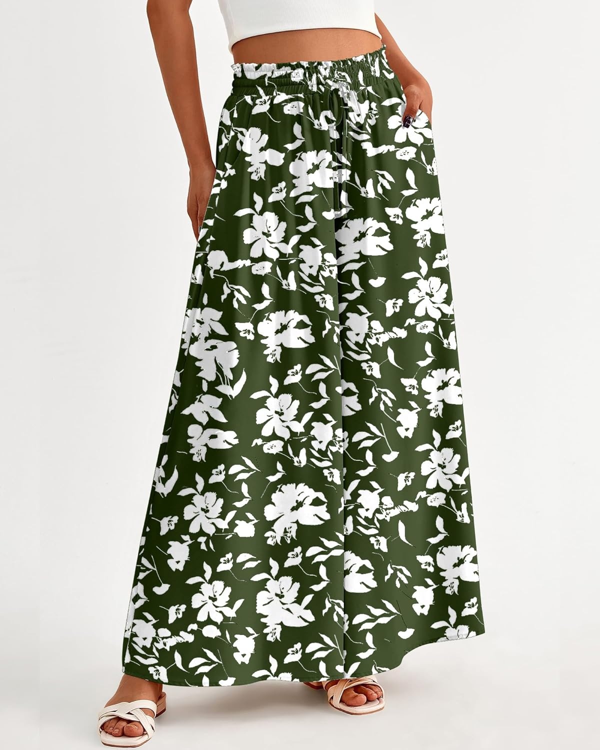 image:imageBTFBM Wide Leg Palazzo Pants for Women 2026 Summer Spring Casual High Waisted Flowy Trousers Boho Beach Vacation OutfitsPrint Army Green White