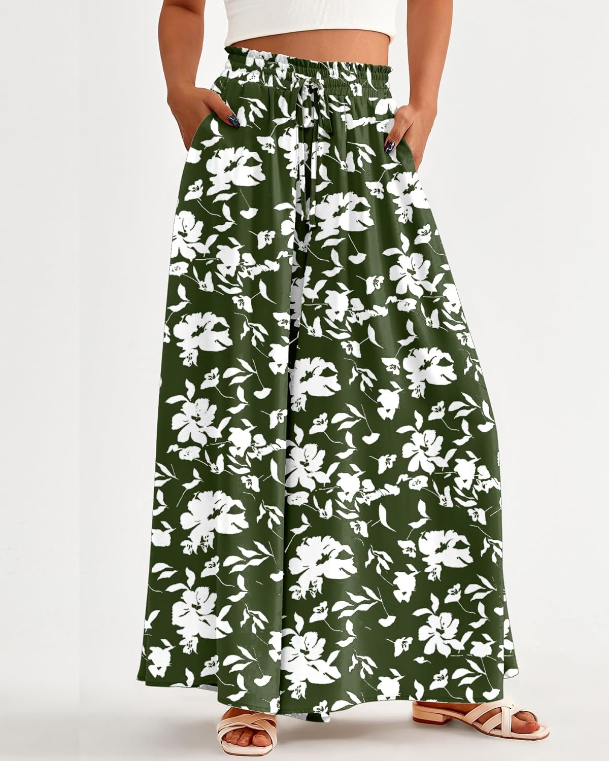 image:imageBTFBM Wide Leg Palazzo Pants for Women 2026 Summer Spring Casual High Waisted Flowy Trousers Boho Beach Vacation OutfitsPrint Army Green White