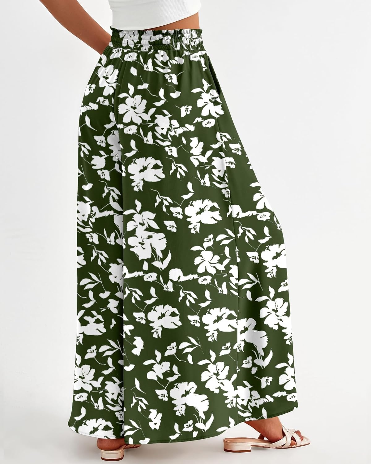 image:imageBTFBM Wide Leg Palazzo Pants for Women 2026 Summer Spring Casual High Waisted Flowy Trousers Boho Beach Vacation OutfitsPrint Army Green White