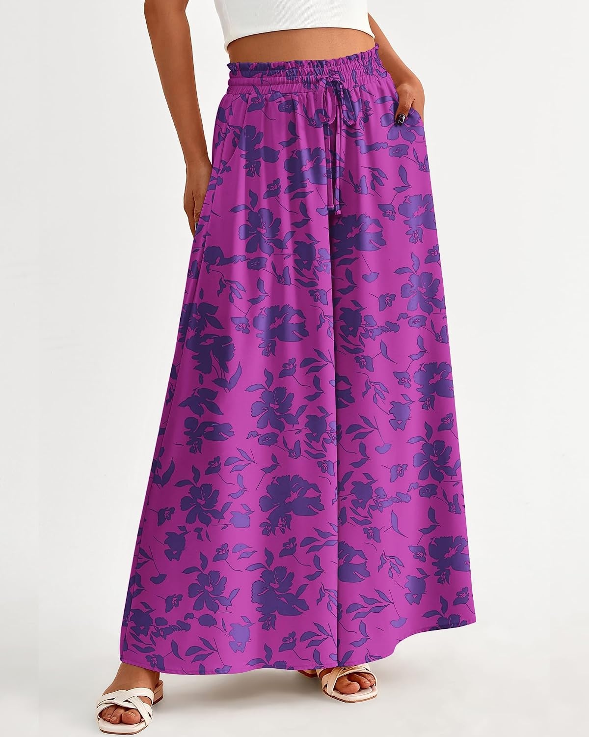 image:imageBTFBM Wide Leg Palazzo Pants for Women 2026 Summer Spring Casual High Waisted Flowy Trousers Boho Beach Vacation OutfitsPrint Purple