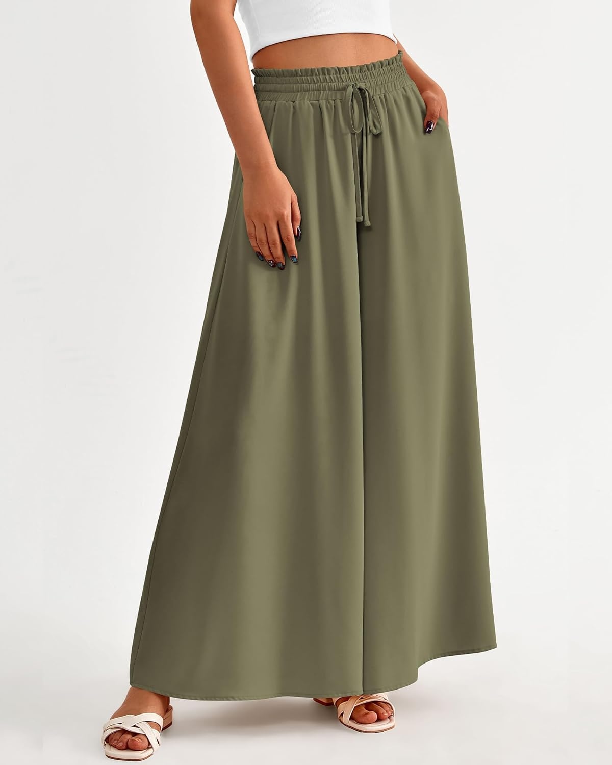 image:imageBTFBM Wide Leg Palazzo Pants for Women 2026 Summer Spring Casual High Waisted Flowy Trousers Boho Beach Vacation OutfitsSolid Army Green
