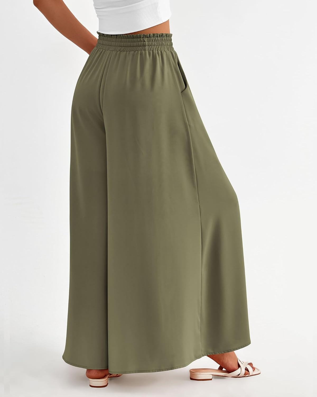 image:imageBTFBM Wide Leg Palazzo Pants for Women 2026 Summer Spring Casual High Waisted Flowy Trousers Boho Beach Vacation OutfitsSolid Army Green