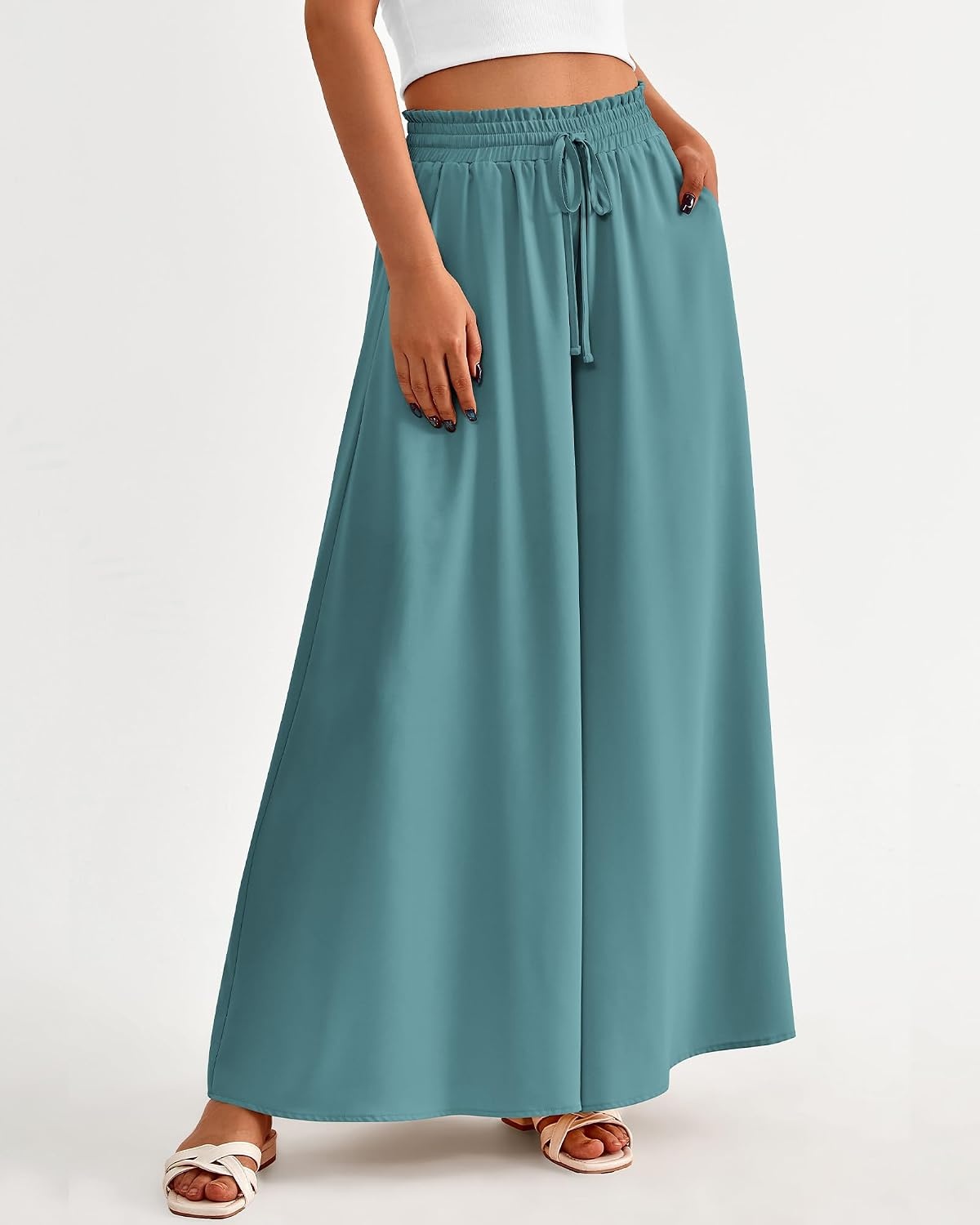 image:imageBTFBM Wide Leg Palazzo Pants for Women 2026 Summer Spring Casual High Waisted Flowy Trousers Boho Beach Vacation OutfitsSolid Blue Green