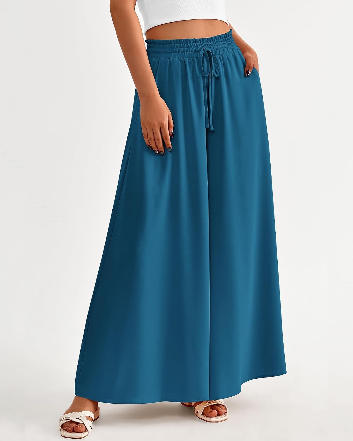 image:imageBTFBM Wide Leg Palazzo Pants for Women 2026 Summer Spring Casual High Waisted Flowy Trousers Boho Beach Vacation OutfitsSolid Lake Blue