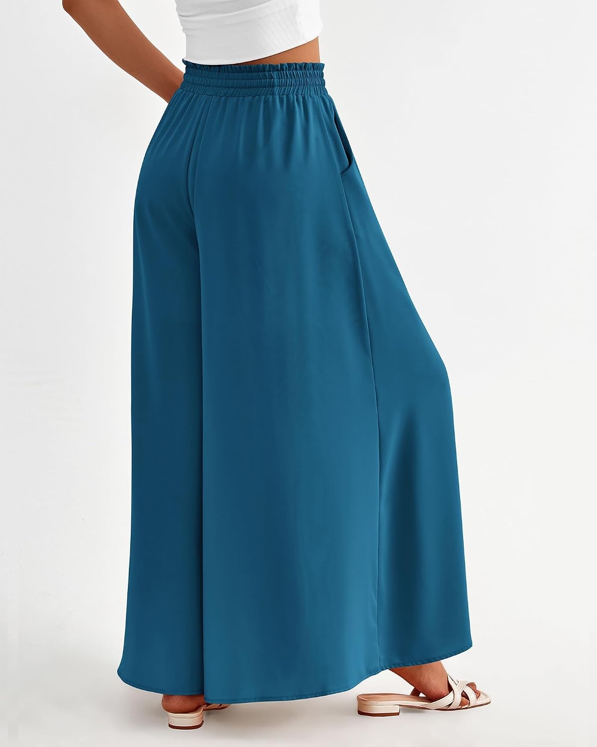 image:imageBTFBM Wide Leg Palazzo Pants for Women 2026 Summer Spring Casual High Waisted Flowy Trousers Boho Beach Vacation OutfitsSolid Lake Blue