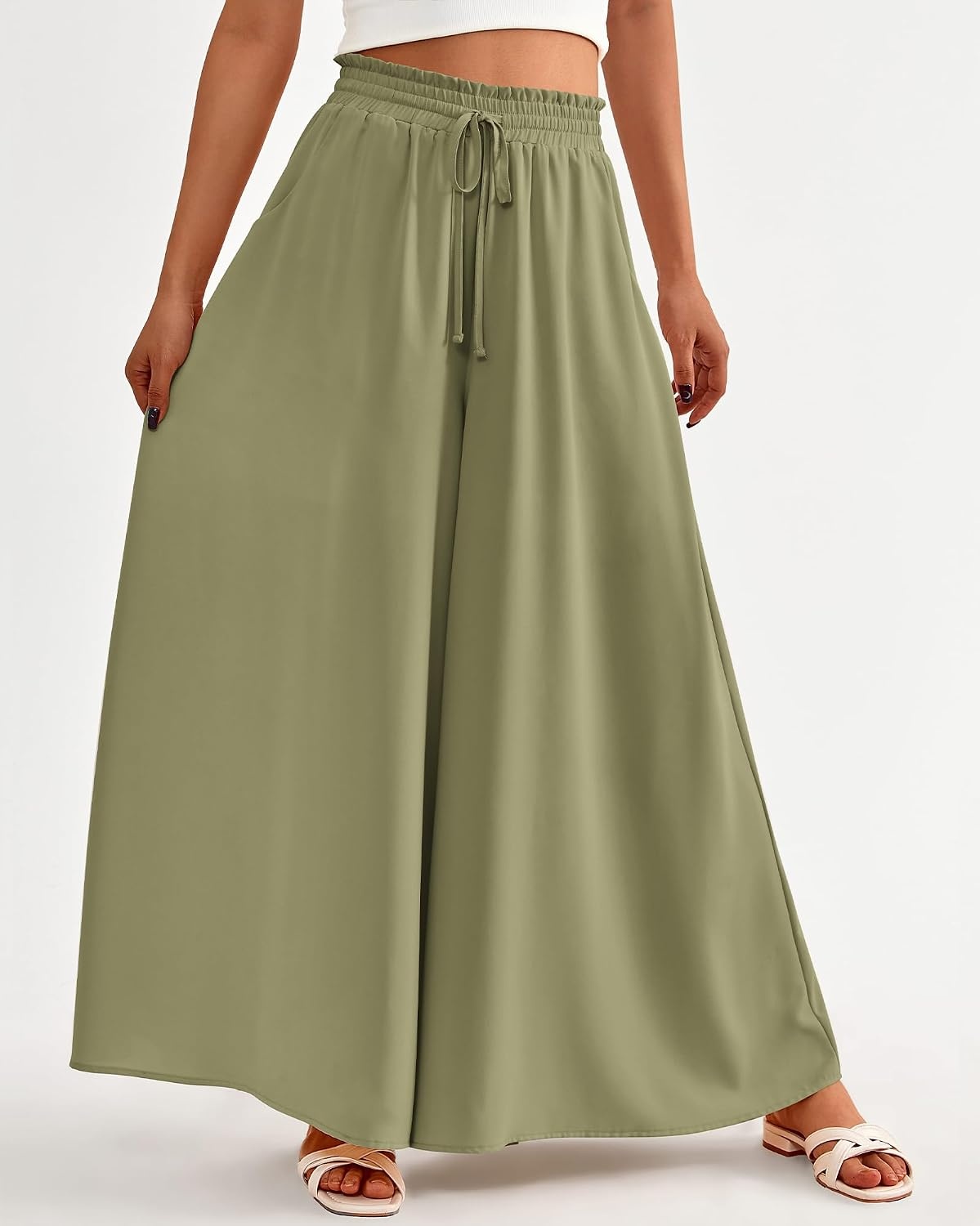 image:imageBTFBM Wide Leg Palazzo Pants for Women 2026 Summer Spring Casual High Waisted Flowy Trousers Boho Beach Vacation OutfitsSolid Light Army Green