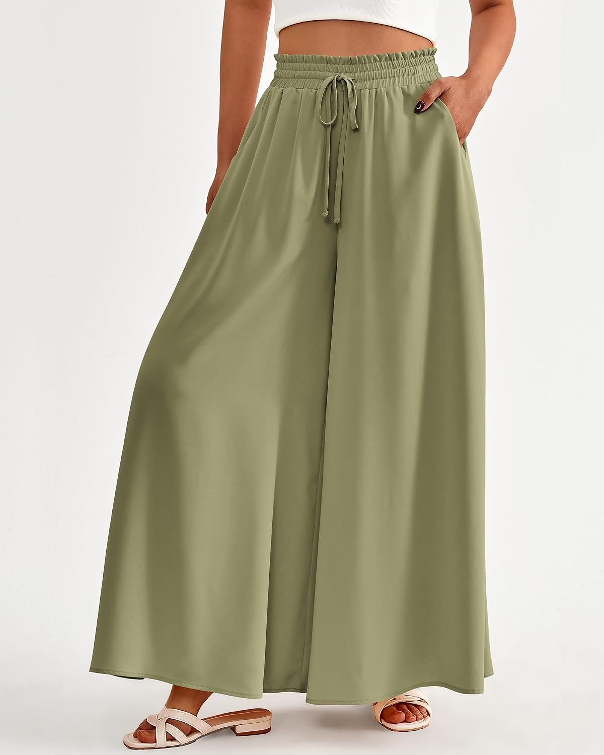 image:imageBTFBM Wide Leg Palazzo Pants for Women 2026 Summer Spring Casual High Waisted Flowy Trousers Boho Beach Vacation OutfitsSolid Light Army Green