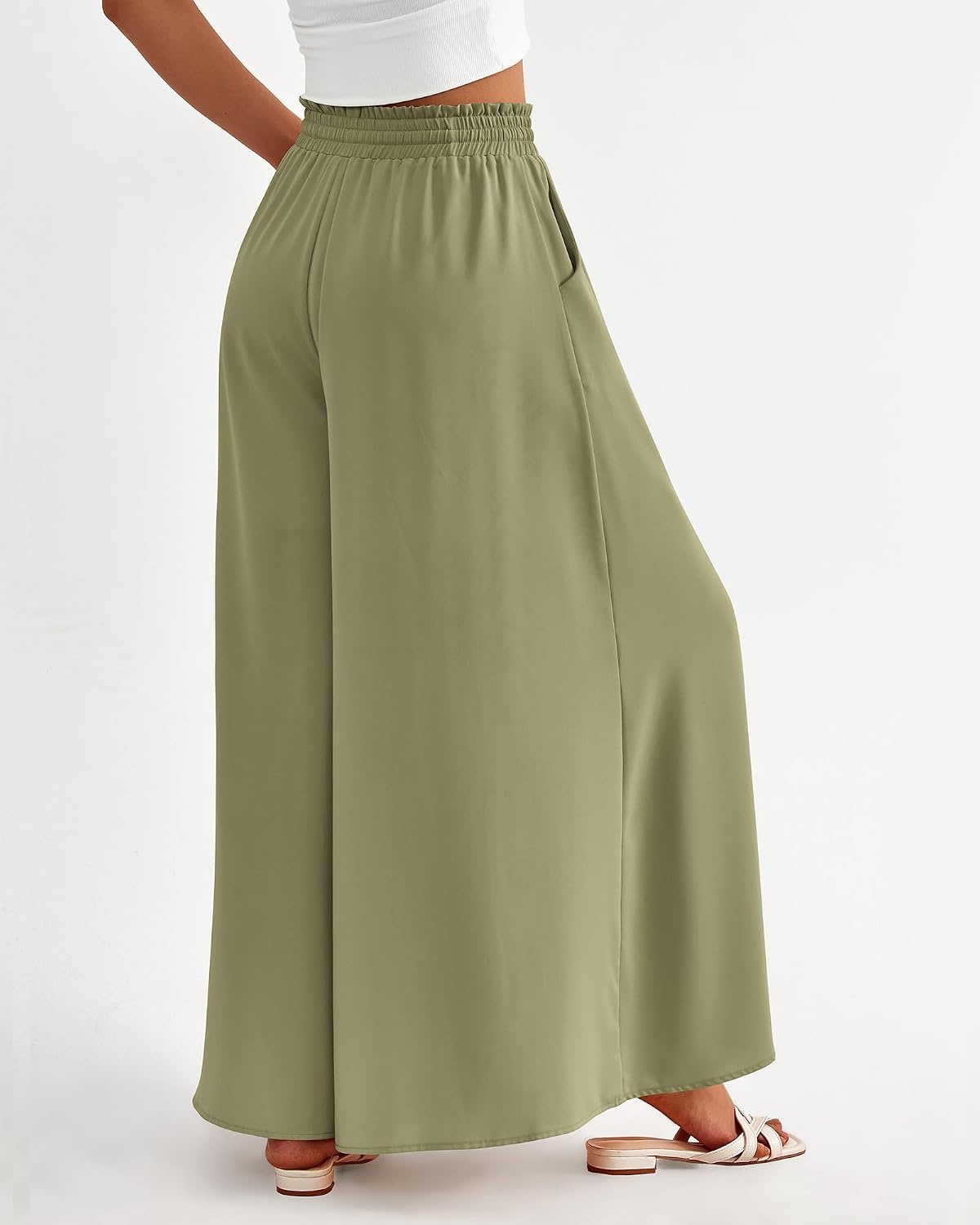 image:imageBTFBM Wide Leg Palazzo Pants for Women 2026 Summer Spring Casual High Waisted Flowy Trousers Boho Beach Vacation OutfitsSolid Light Army Green