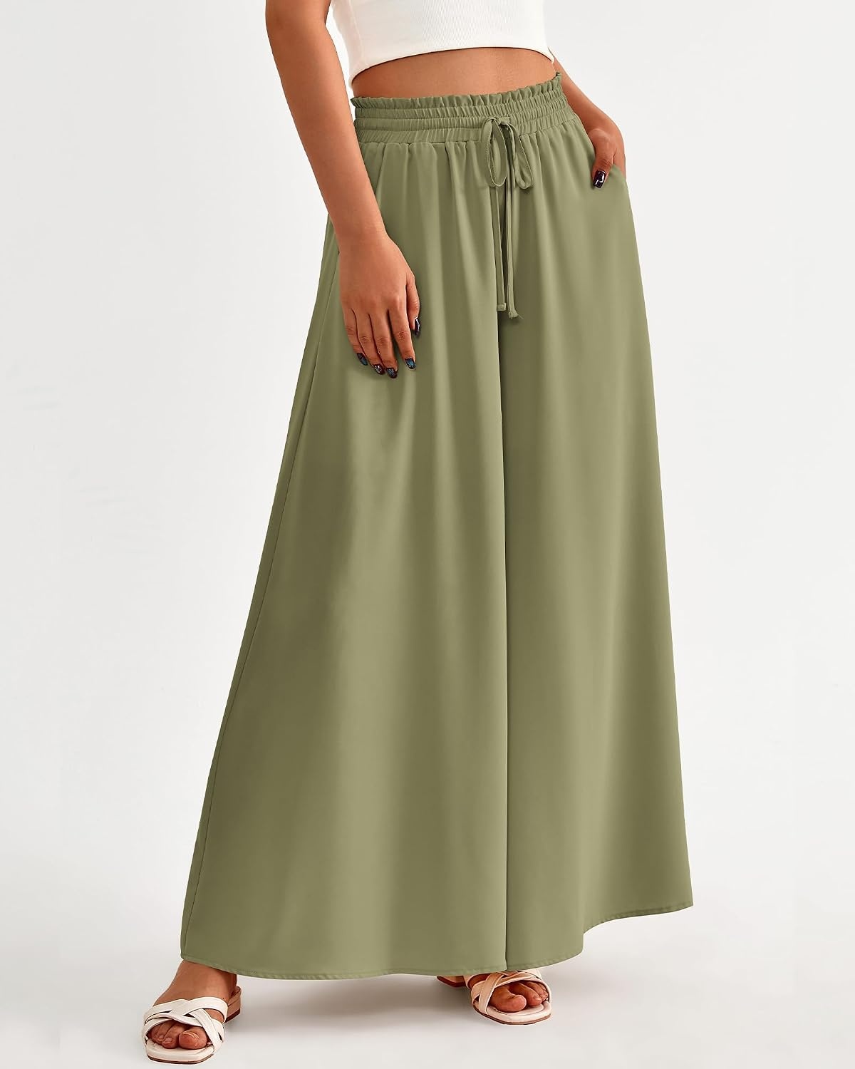 image:imageBTFBM Wide Leg Palazzo Pants for Women 2026 Summer Spring Casual High Waisted Flowy Trousers Boho Beach Vacation OutfitsSolid Light Army Green