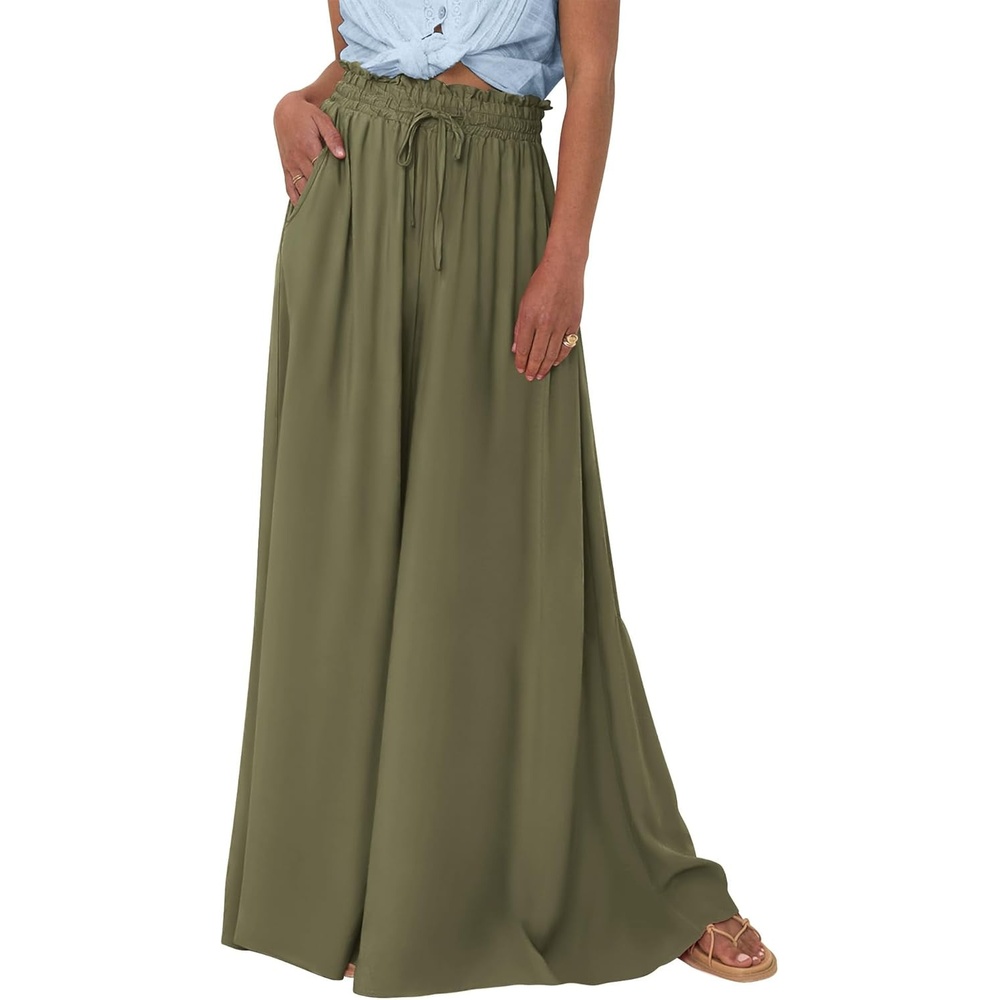 image:imageBTFBM Wide Leg Palazzo Pants for Women 2026 Summer Spring Casual High Waisted Flowy Trousers Boho Beach Vacation OutfitsSolid Army Green
