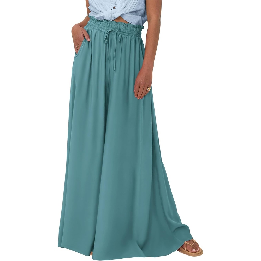 image:imageBTFBM Wide Leg Palazzo Pants for Women 2026 Summer Spring Casual High Waisted Flowy Trousers Boho Beach Vacation OutfitsSolid Blue Green