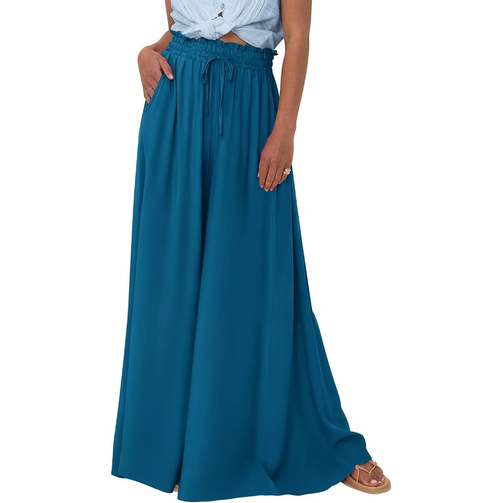 image:imageBTFBM Wide Leg Palazzo Pants for Women 2026 Summer Spring Casual High Waisted Flowy Trousers Boho Beach Vacation OutfitsSolid Lake Blue