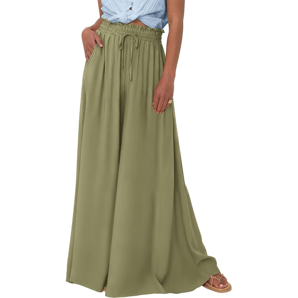image:imageBTFBM Wide Leg Palazzo Pants for Women 2026 Summer Spring Casual High Waisted Flowy Trousers Boho Beach Vacation OutfitsSolid Light Army Green
