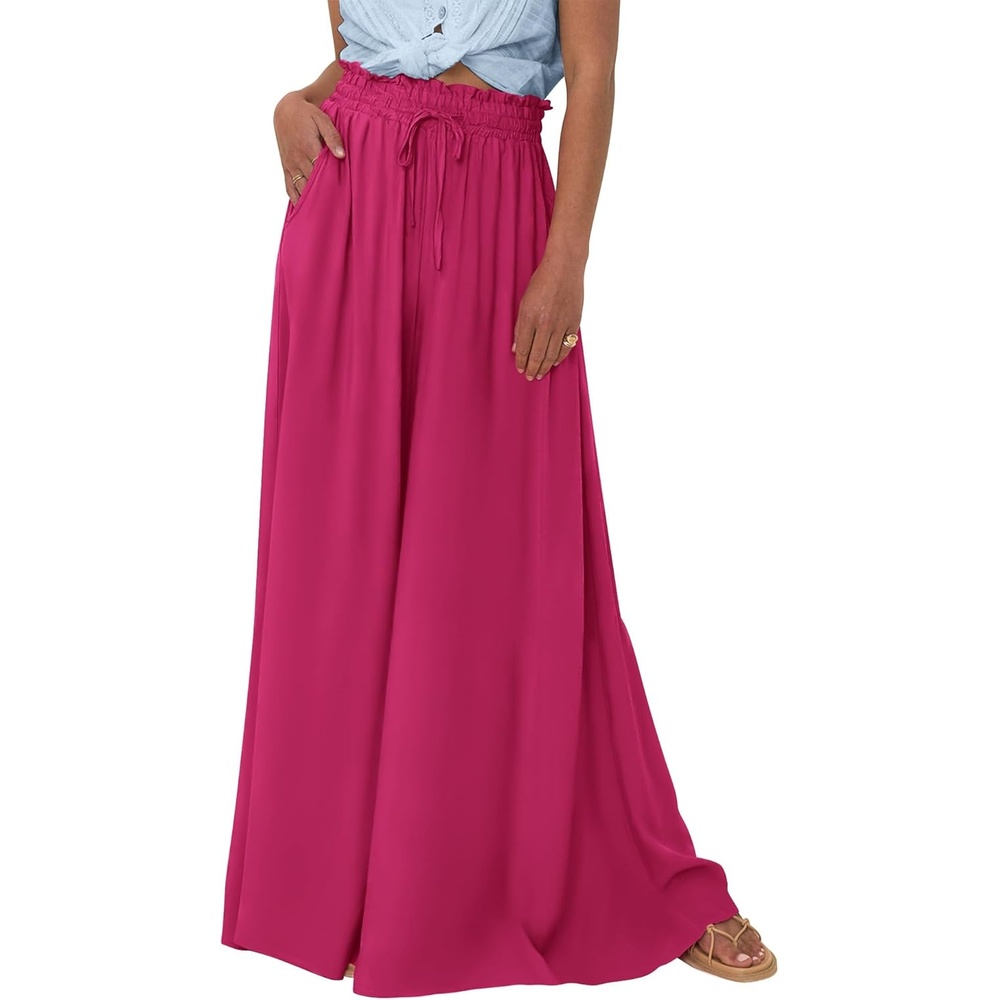 image:imageBTFBM Wide Leg Palazzo Pants for Women 2026 Summer Spring Casual High Waisted Flowy Trousers Boho Beach Vacation OutfitsSolid Rose Red