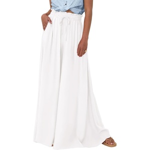 BTFBM Wide Leg Palazzo Pants for Women 2026 Summer Spring Casual High Waisted Flowy Trousers Boho Beach Vacation Outfits(Solid White)