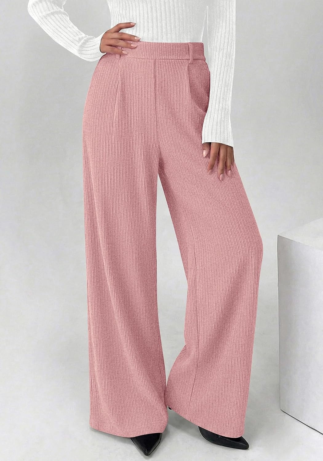 image:imageBTFBM Wide Leg Pants Woman Ribbed Business Casual Trousers Elastic High Waisted Ribbed Pleated Stretchy Lounge Palazzo Pants For Women Dressy Work With Pockets Fall Winter 2026Pink