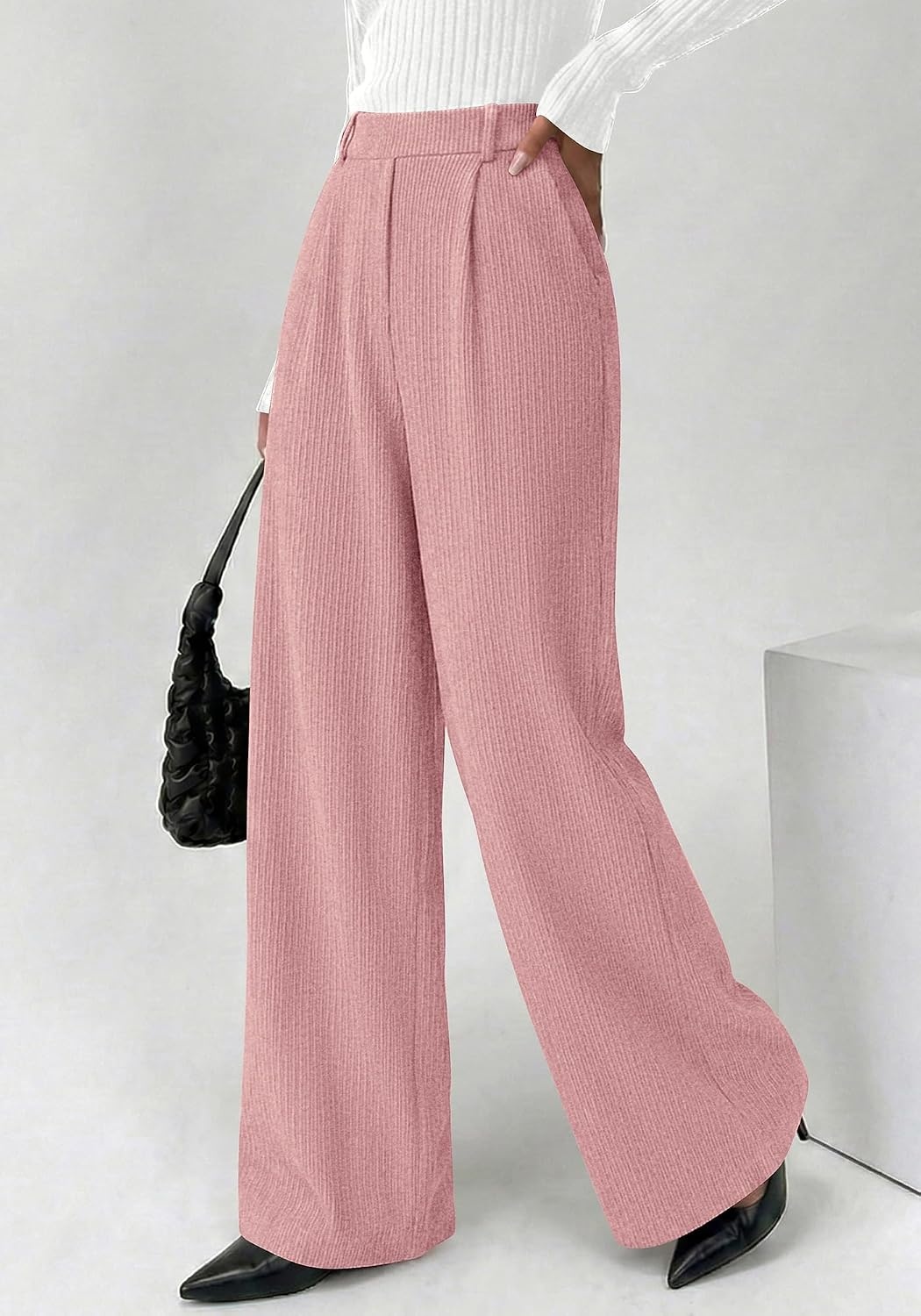 image:imageBTFBM Wide Leg Pants Woman Ribbed Business Casual Trousers Elastic High Waisted Ribbed Pleated Stretchy Lounge Palazzo Pants For Women Dressy Work With Pockets Fall Winter 2026Pink
