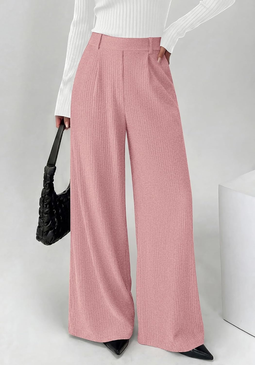 image:imageBTFBM Wide Leg Pants Woman Ribbed Business Casual Trousers Elastic High Waisted Ribbed Pleated Stretchy Lounge Palazzo Pants For Women Dressy Work With Pockets Fall Winter 2026Pink