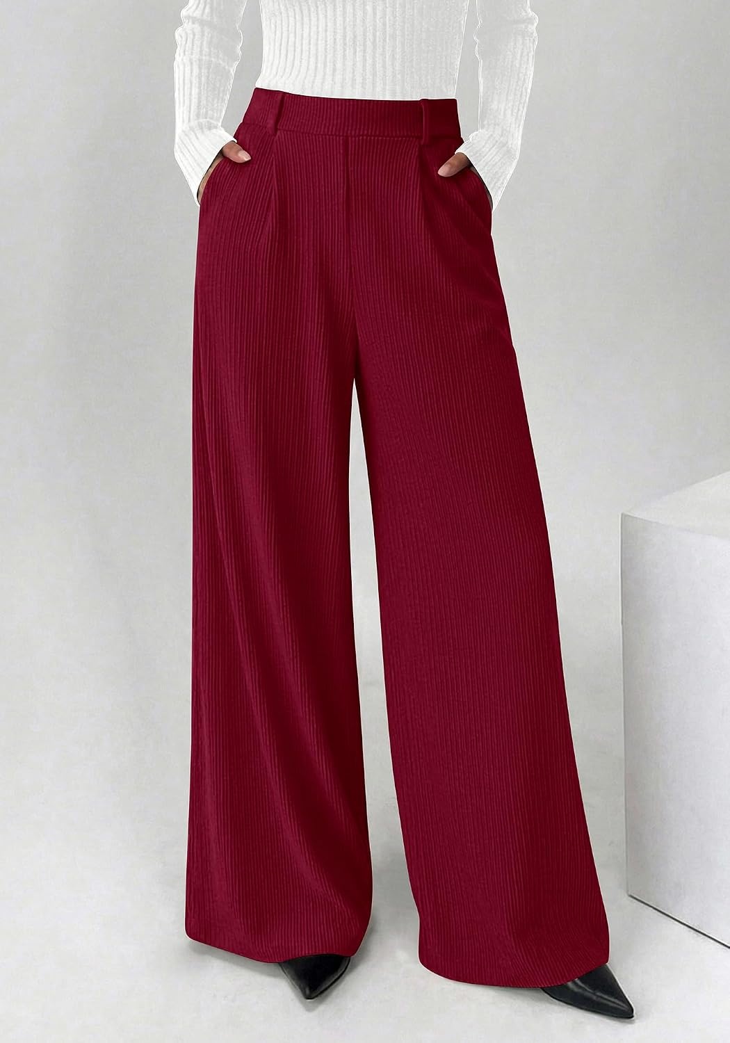 image:imageBTFBM Wide Leg Pants Woman Ribbed Business Casual Trousers Elastic High Waisted Ribbed Pleated Stretchy Lounge Palazzo Pants For Women Dressy Work With Pockets Fall Winter 2026Burgundy