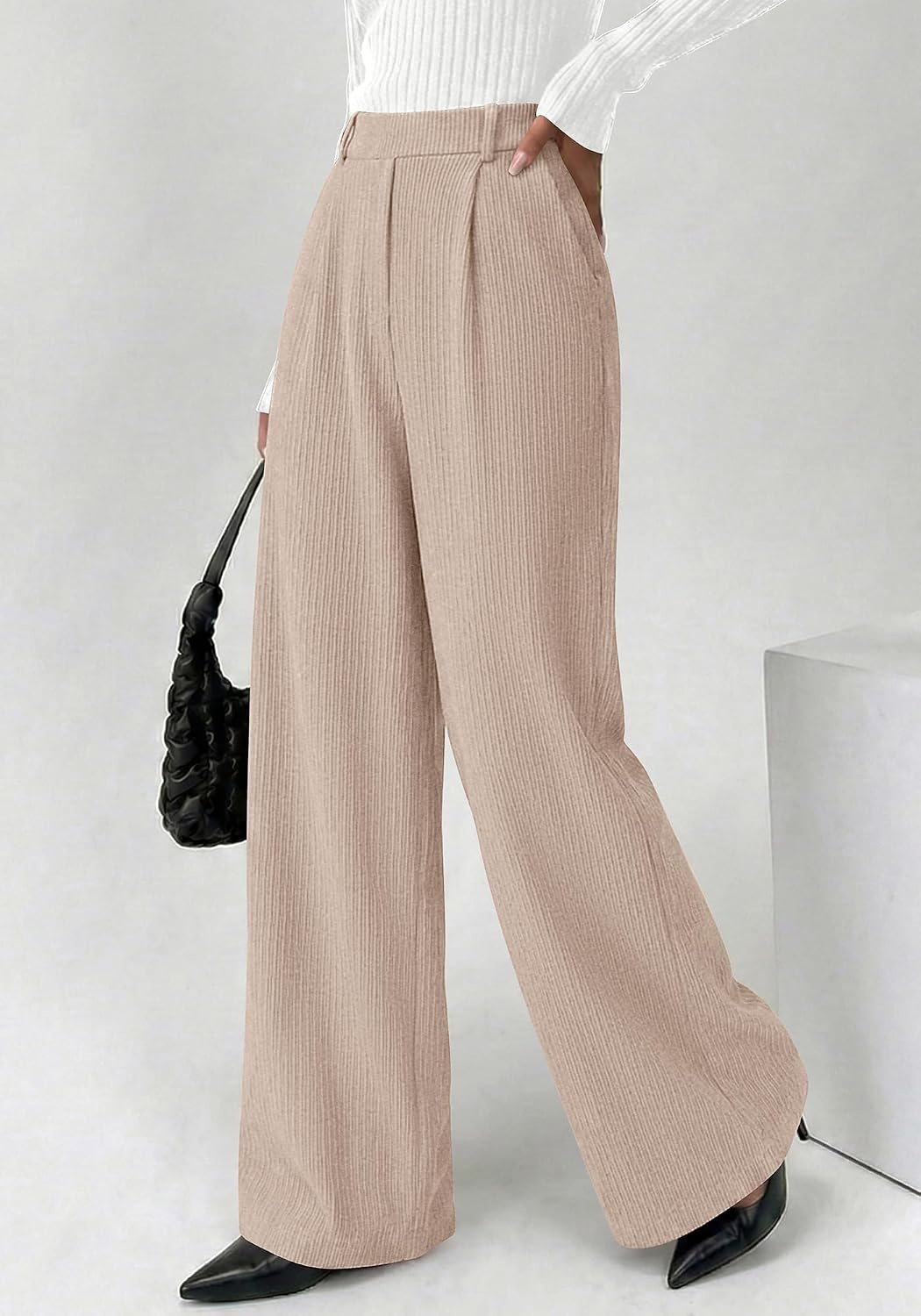 image:imageBTFBM Wide Leg Pants Woman Ribbed Business Casual Trousers Elastic High Waisted Ribbed Pleated Stretchy Lounge Palazzo Pants For Women Dressy Work With Pockets Fall Winter 2026Apricot