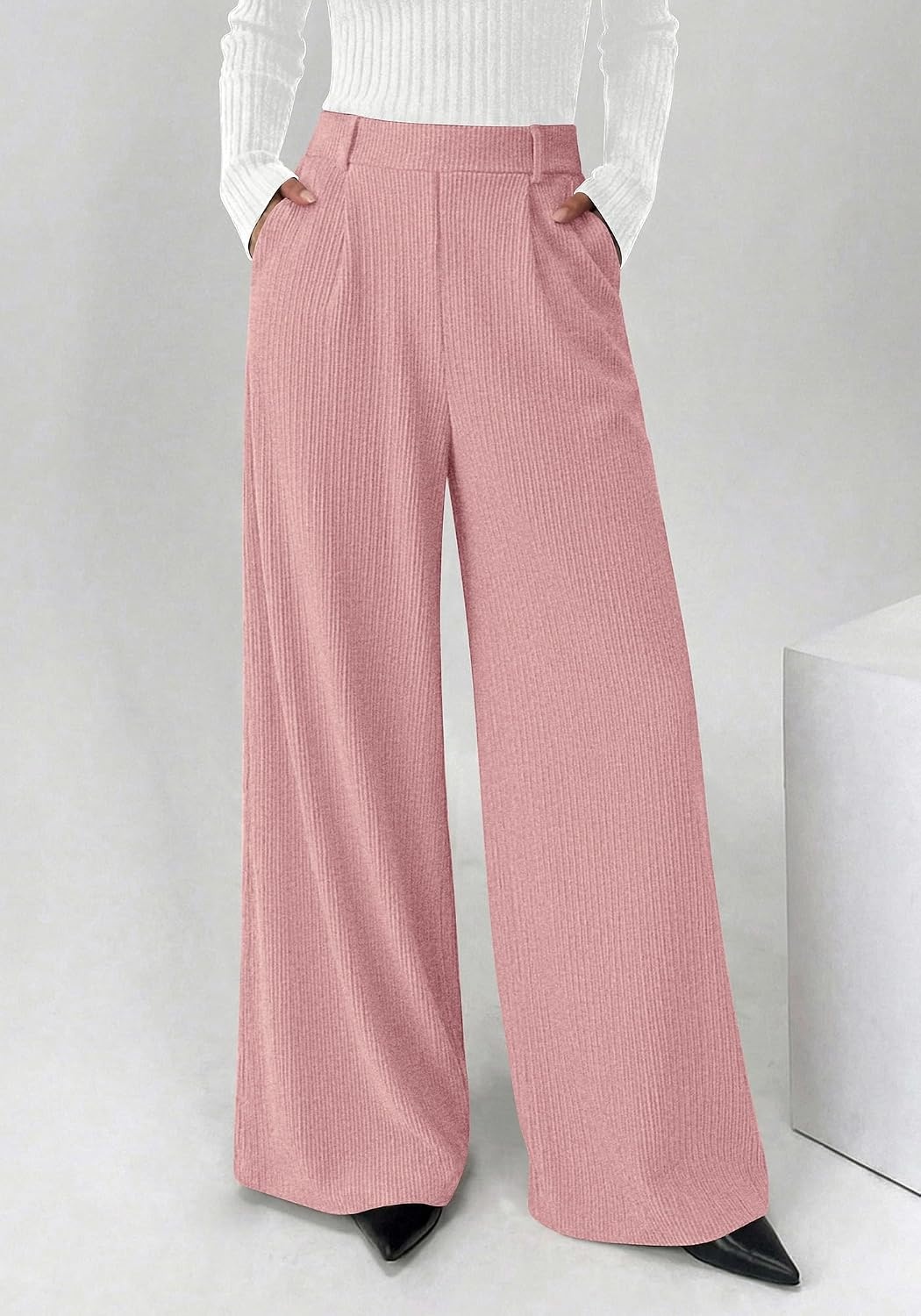 image:imageBTFBM Wide Leg Pants Woman Ribbed Business Casual Trousers Elastic High Waisted Ribbed Pleated Stretchy Lounge Palazzo Pants For Women Dressy Work With Pockets Fall Winter 2026Pink