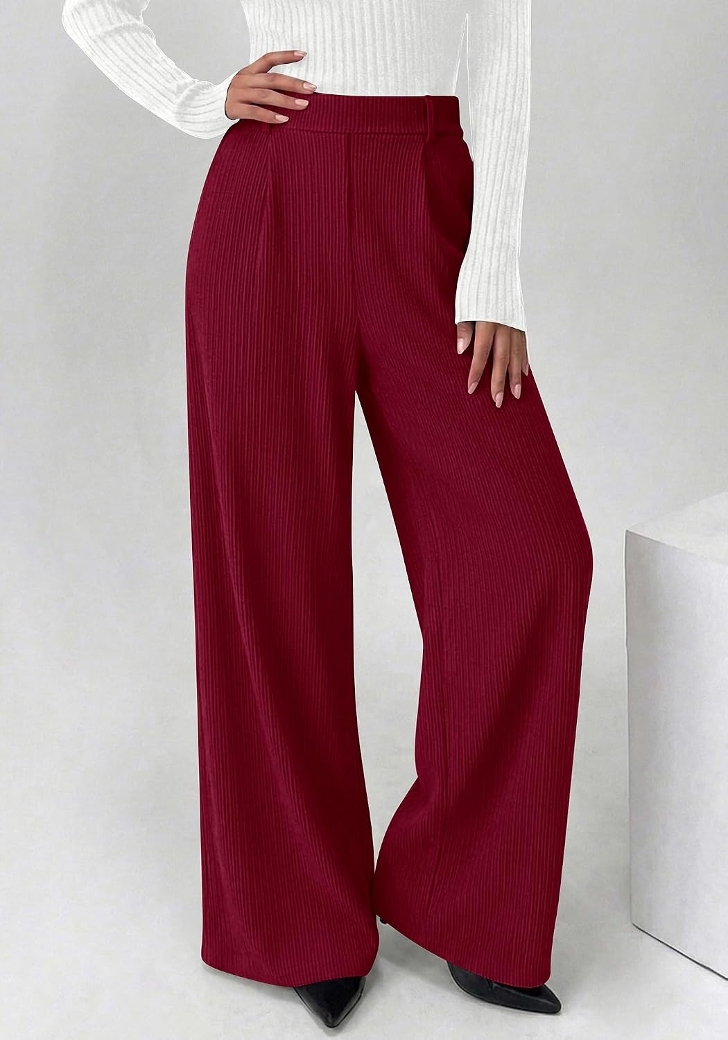 image:imageBTFBM Wide Leg Pants Woman Ribbed Business Casual Trousers Elastic High Waisted Ribbed Pleated Stretchy Lounge Palazzo Pants For Women Dressy Work With Pockets Fall Winter 2026Burgundy