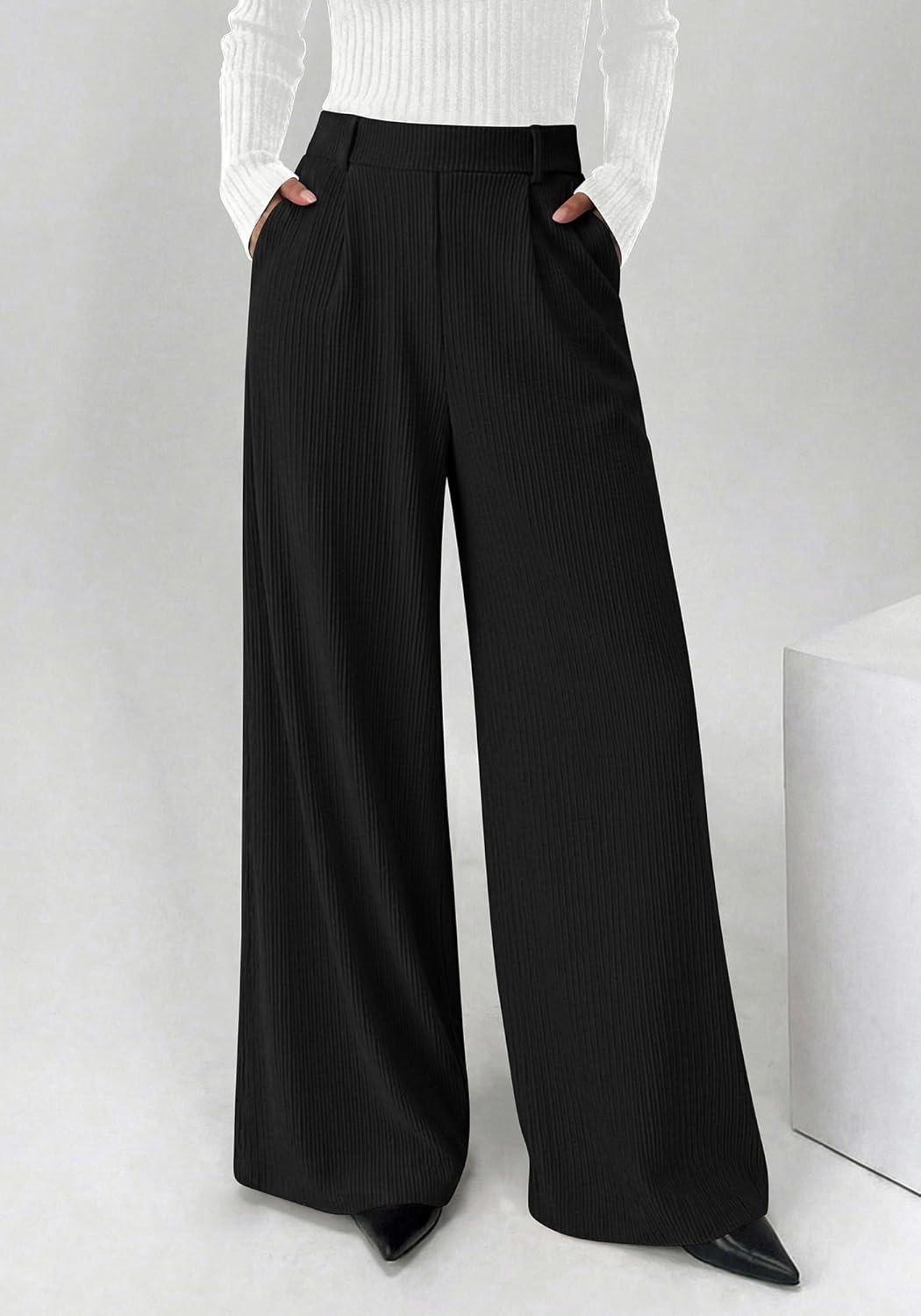 image:imageBTFBM Wide Leg Pants Woman Ribbed Business Casual Trousers Elastic High Waisted Ribbed Pleated Stretchy Lounge Palazzo Pants For Women Dressy Work With Pockets Fall Winter 2026Black