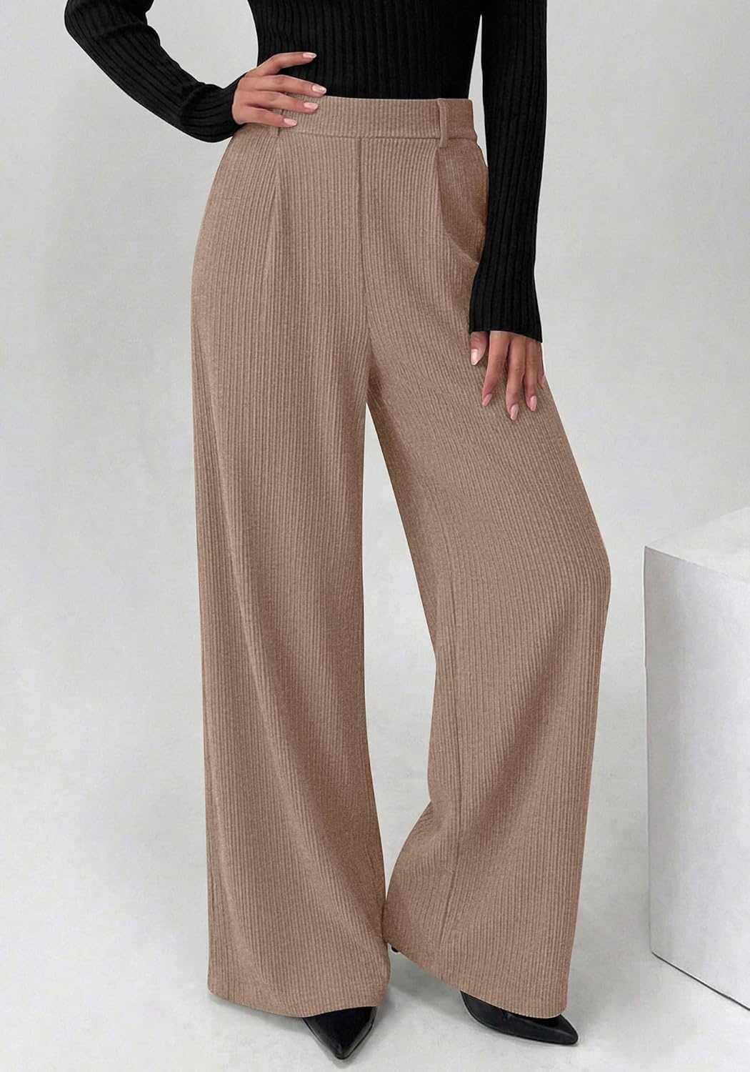 image:imageBTFBM Wide Leg Pants Woman Ribbed Business Casual Trousers Elastic High Waisted Ribbed Pleated Stretchy Lounge Palazzo Pants For Women Dressy Work With Pockets Fall Winter 2026Khaki
