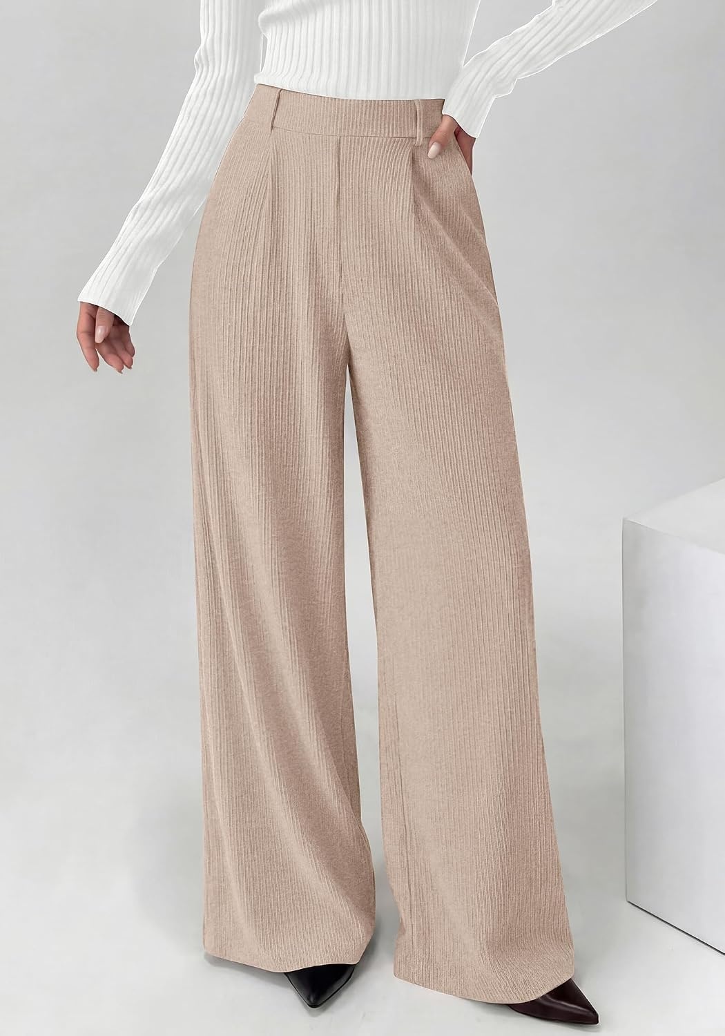 image:imageBTFBM Wide Leg Pants Woman Ribbed Business Casual Trousers Elastic High Waisted Ribbed Pleated Stretchy Lounge Palazzo Pants For Women Dressy Work With Pockets Fall Winter 2026Apricot