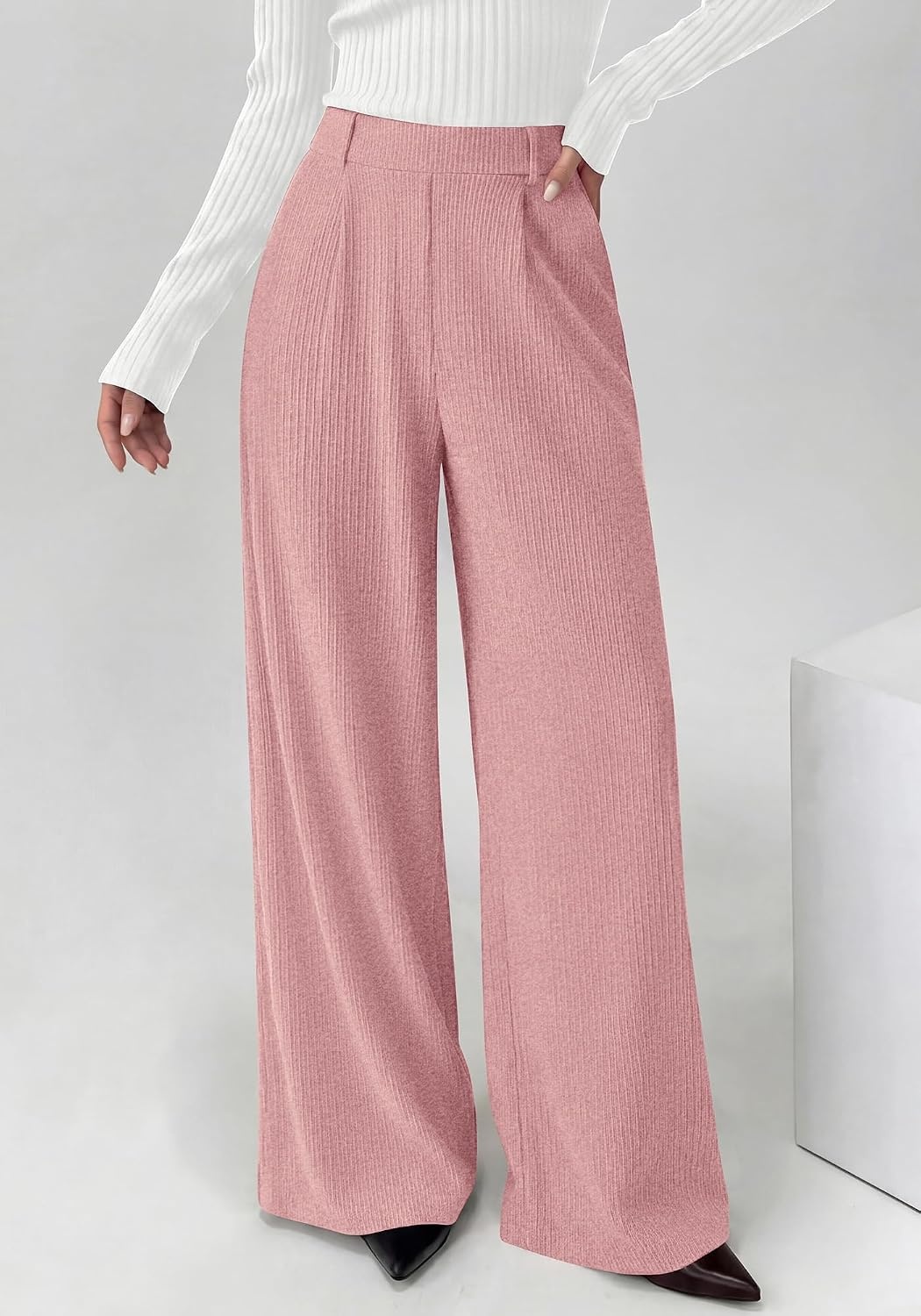 image:imageBTFBM Wide Leg Pants Woman Ribbed Business Casual Trousers Elastic High Waisted Ribbed Pleated Stretchy Lounge Palazzo Pants For Women Dressy Work With Pockets Fall Winter 2026Pink