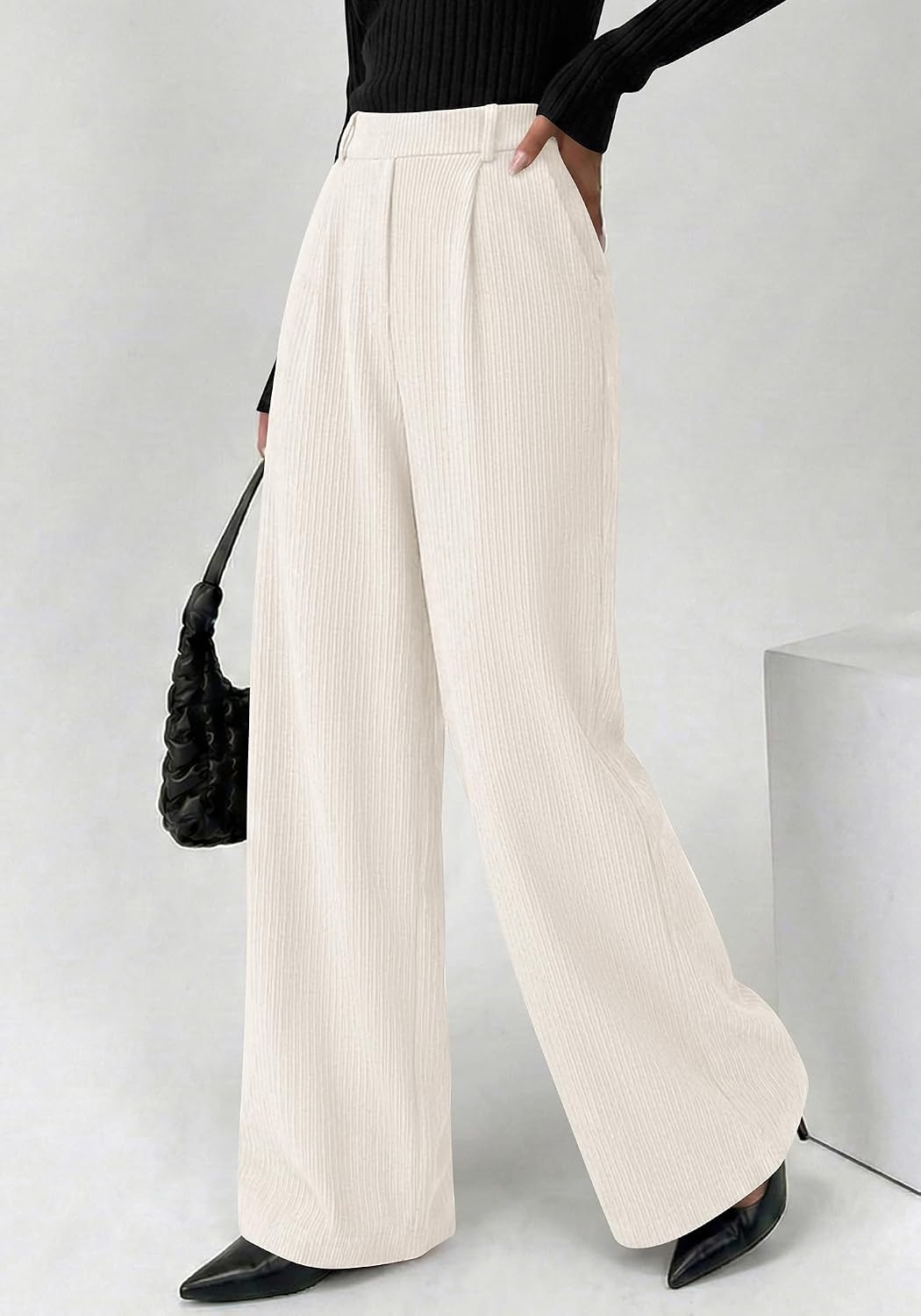 image:imageBTFBM Wide Leg Pants Woman Ribbed Business Casual Trousers Elastic High Waisted Ribbed Pleated Stretchy Lounge Palazzo Pants For Women Dressy Work With Pockets Fall Winter 2026White