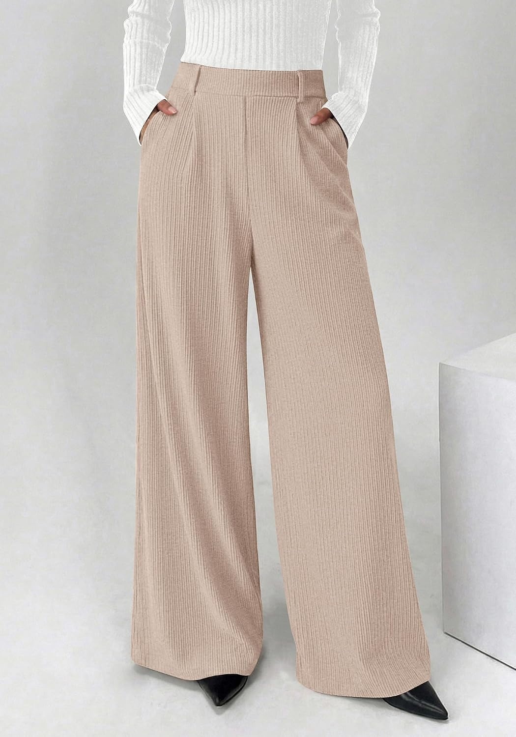 image:imageBTFBM Wide Leg Pants Woman Ribbed Business Casual Trousers Elastic High Waisted Ribbed Pleated Stretchy Lounge Palazzo Pants For Women Dressy Work With Pockets Fall Winter 2026Apricot