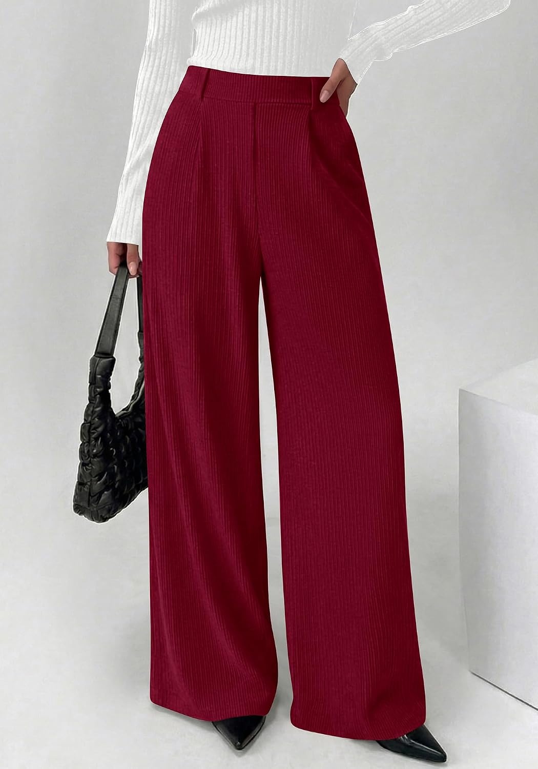 image:imageBTFBM Wide Leg Pants Woman Ribbed Business Casual Trousers Elastic High Waisted Ribbed Pleated Stretchy Lounge Palazzo Pants For Women Dressy Work With Pockets Fall Winter 2026Burgundy