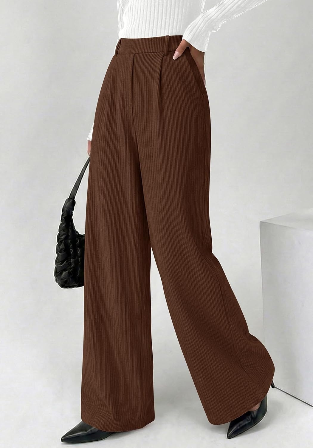 image:imageBTFBM Wide Leg Pants Woman Ribbed Business Casual Trousers Elastic High Waisted Ribbed Pleated Stretchy Lounge Palazzo Pants For Women Dressy Work With Pockets Fall Winter 2026Brown