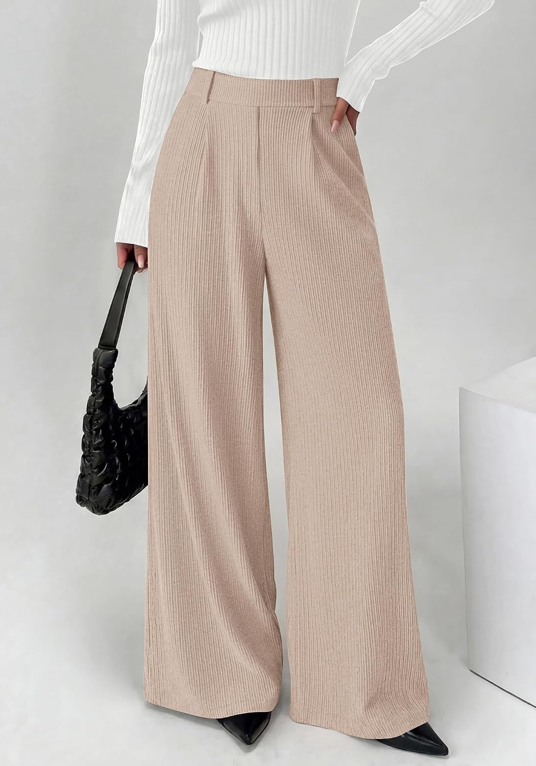 image:imageBTFBM Wide Leg Pants Woman Ribbed Business Casual Trousers Elastic High Waisted Ribbed Pleated Stretchy Lounge Palazzo Pants For Women Dressy Work With Pockets Fall Winter 2026Apricot