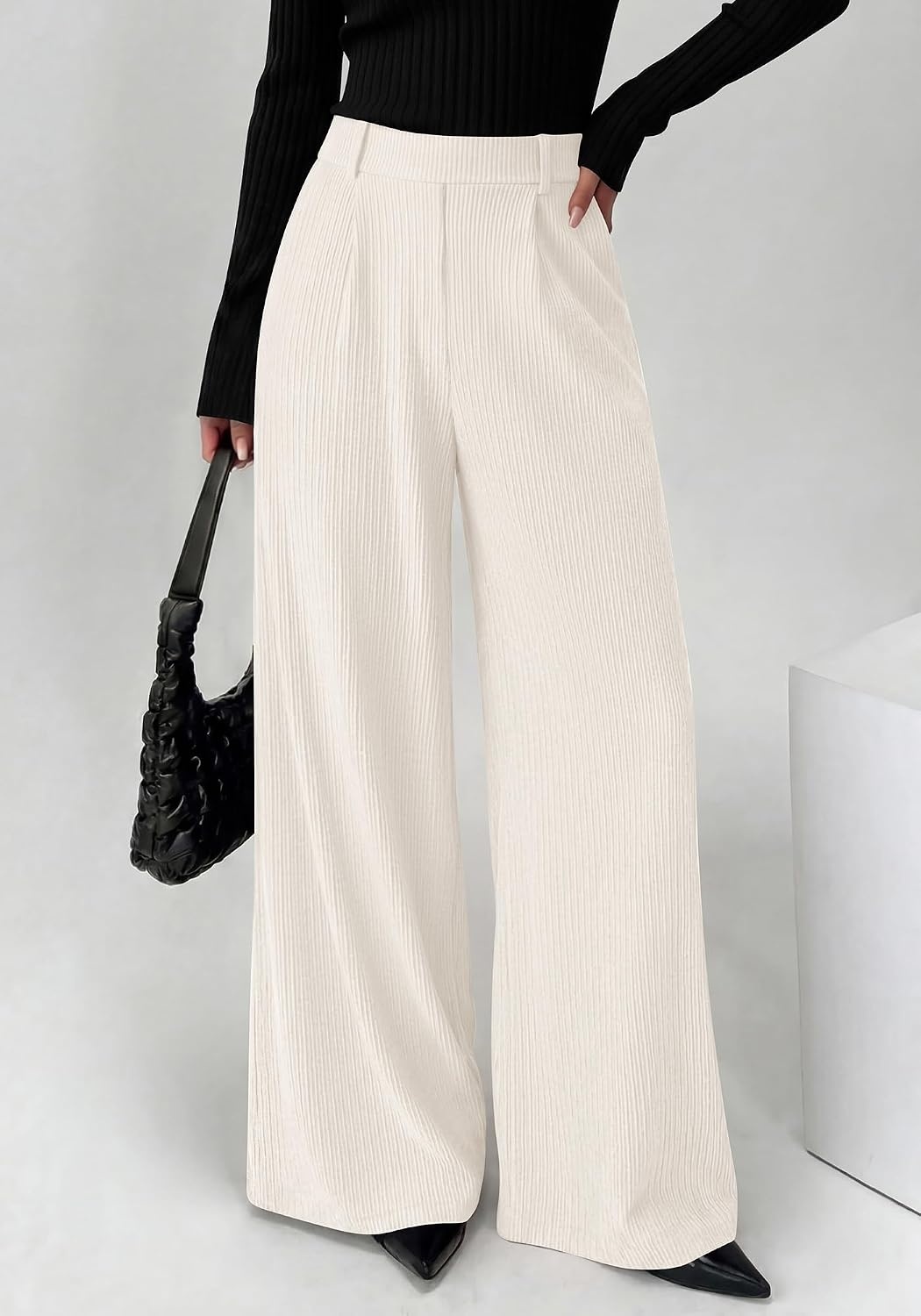 image:imageBTFBM Wide Leg Pants Woman Ribbed Business Casual Trousers Elastic High Waisted Ribbed Pleated Stretchy Lounge Palazzo Pants For Women Dressy Work With Pockets Fall Winter 2026White