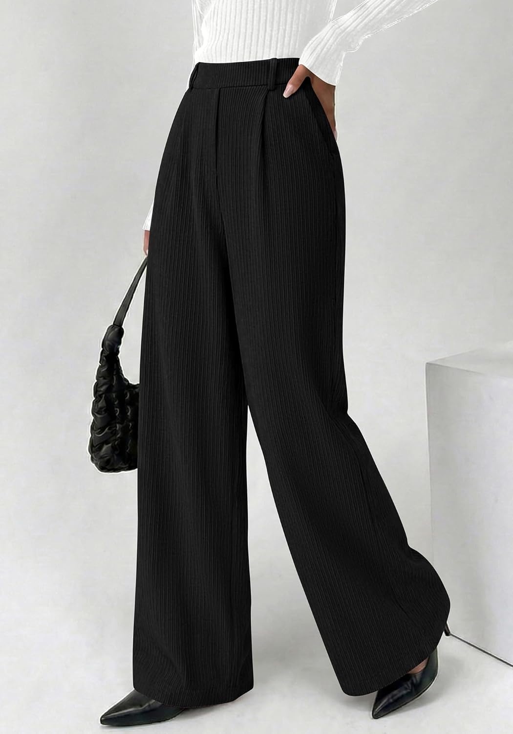 image:imageBTFBM Wide Leg Pants Woman Ribbed Business Casual Trousers Elastic High Waisted Ribbed Pleated Stretchy Lounge Palazzo Pants For Women Dressy Work With Pockets Fall Winter 2026Black