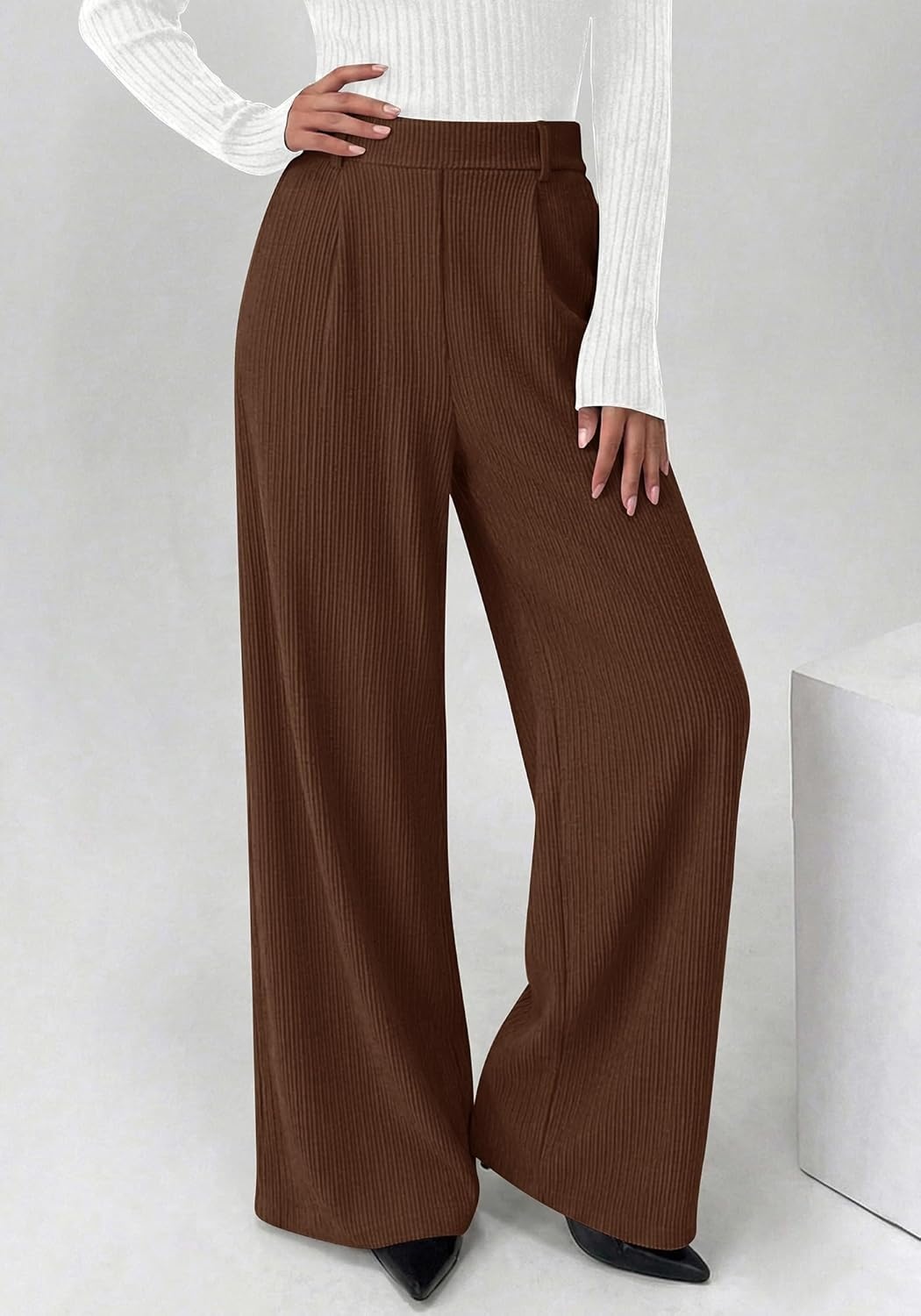 image:imageBTFBM Wide Leg Pants Woman Ribbed Business Casual Trousers Elastic High Waisted Ribbed Pleated Stretchy Lounge Palazzo Pants For Women Dressy Work With Pockets Fall Winter 2026Brown
