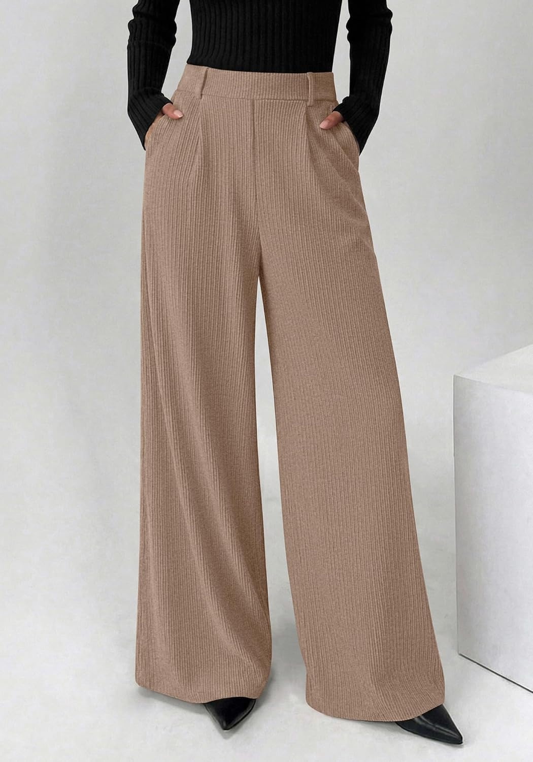 image:imageBTFBM Wide Leg Pants Woman Ribbed Business Casual Trousers Elastic High Waisted Ribbed Pleated Stretchy Lounge Palazzo Pants For Women Dressy Work With Pockets Fall Winter 2026Khaki