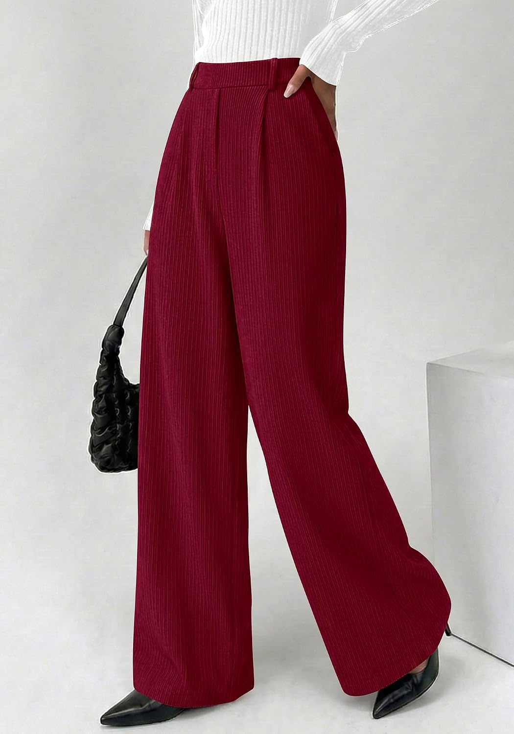 image:imageBTFBM Wide Leg Pants Woman Ribbed Business Casual Trousers Elastic High Waisted Ribbed Pleated Stretchy Lounge Palazzo Pants For Women Dressy Work With Pockets Fall Winter 2026Burgundy