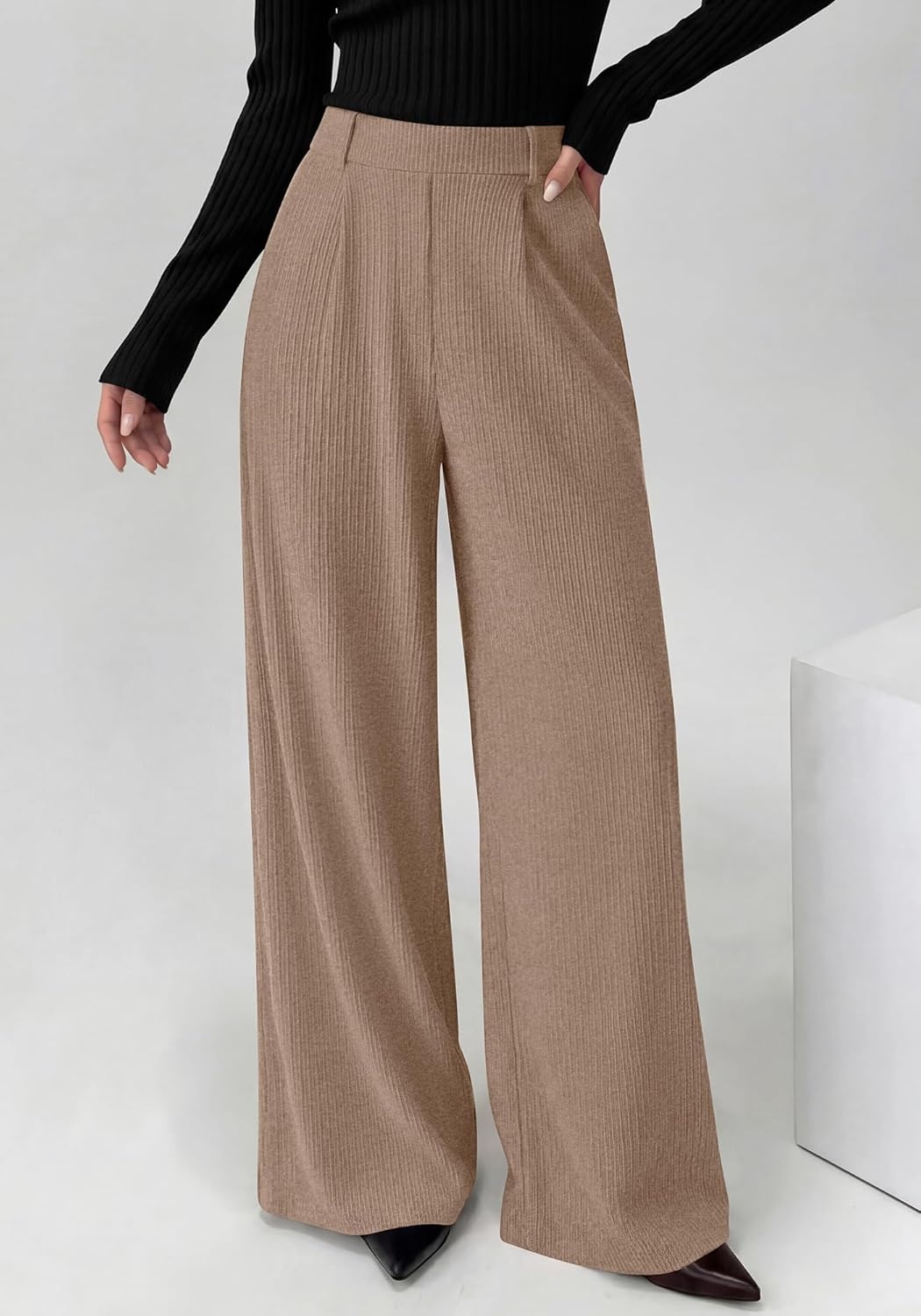 image:imageBTFBM Wide Leg Pants Woman Ribbed Business Casual Trousers Elastic High Waisted Ribbed Pleated Stretchy Lounge Palazzo Pants For Women Dressy Work With Pockets Fall Winter 2026Khaki